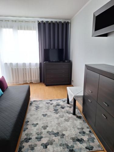 een woonkamer met een bank en een flatscreen-tv bij Turkusowa Apartament in Szczecin