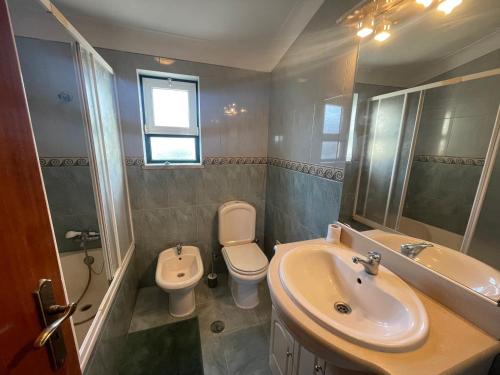 La salle de bains est pourvue d'un lavabo, de toilettes et d'un miroir. dans l'établissement Happy Hostel Sagres, à Raposeira