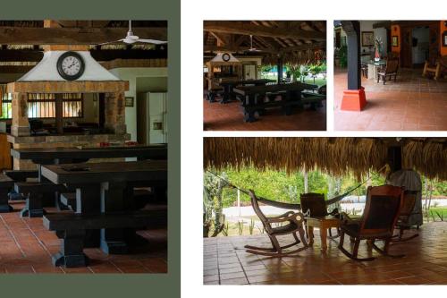 eine Collage mit Fotos eines Restaurants mit einem Tisch und Stühlen in der Unterkunft Finca el Costurero, SantaFe de Antioquia in Medellín