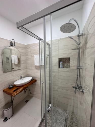 a bathroom with a glass shower and a sink at Ravne Energy Apartments in Visoko