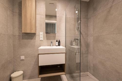 a bathroom with a sink and a shower at 2HomeRent Shellter 117/Ł in Rogowo