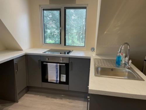 a kitchen with a sink and a stove and two windows at Cotswold self-catering apartment in Cirencester