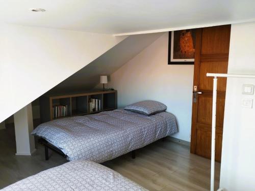a bedroom with a bed and a book shelf at Villa Tahitienne in Frontignan