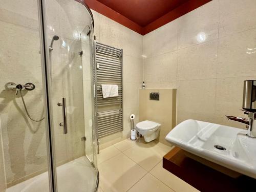 a bathroom with a shower and a sink and a toilet at Tatragolf Resort Apartment I206 Tatranská Lomnica in Veľká Lomnica