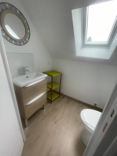 a bathroom with a sink and a toilet and a mirror at Maison de campagne "Le GAULT" in Chartrené