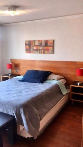 a bedroom with a bed with a wooden headboard at Providencia Studio Suite con Terraza in Santiago