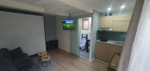 un petit appartement avec une salle de bain avec WC et une télévision dans l'établissement Le cube II, à Vitry-sur-Seine