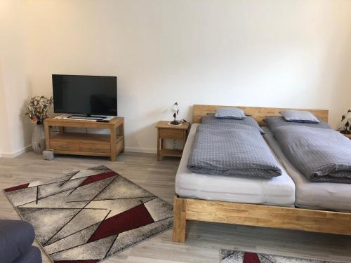 a bedroom with two beds and a flat screen tv at Ferienwohnung Alex in Kirchenlamitz