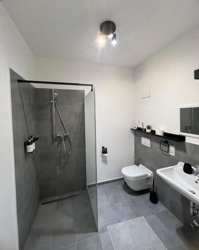 Queens Peak Apartment في كولونيا: حمام مع دش ومرحاض ومغسلة
