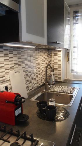 una cucina con lavandino e alcune pentole e padelle di La casa di Viola - Trastevere a Roma