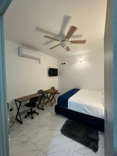 um quarto com uma cama e uma ventoinha de tecto em Apartaestudios La capital em San José
