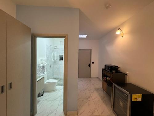 ein Bad mit einer Dusche und einem WC in einem Zimmer in der Unterkunft Apartaestudios La capital in San José