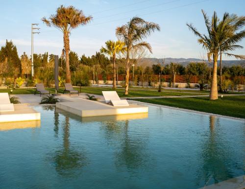 拉默齊亞泰爾默的住宿－VILLA GRUMOLARA，一个带椅子和棕榈树的游泳池