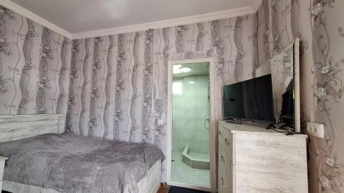 a bedroom with a bed and a television and a bathroom at Guest House "SVANETI" in Lentekhi