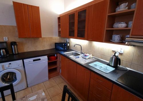 a kitchen with a sink and a washing machine at Holiday Home Kvitek in Ctětín