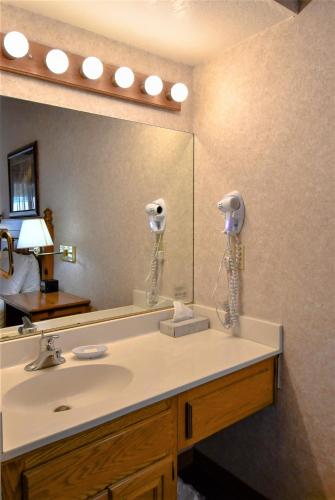 a bathroom with a sink and a large mirror at Lagonita Lodge in Big Bear Lake