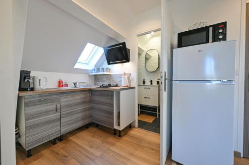 a kitchen with a white refrigerator and a sink at La Belle Rive du voyageur in Bellerive-sur-Allier