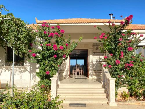 Villa Serenity في Agia Marina: منزل به زهور وردية على الدرج