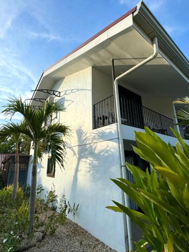 a white building with a palm tree in front of it at Pura Armonia Condo With Outdoor Patio in Coco
