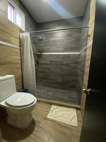 a bathroom with a shower with a toilet and a shower at Hotel Sevilla Paraíso in Paraíso