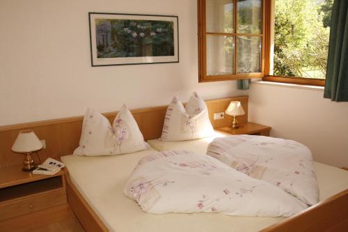 1 dormitorio con 2 camas con almohadas y ventana en Ferienwohnungen Günzelgut, en Lana