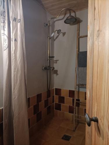 a shower in a bathroom with a shower curtain at À l'étape des randonneurs in Saignon