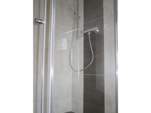 a shower with a glass door in a bathroom at Ostseebrandung - Haus Seestern in Dranske
