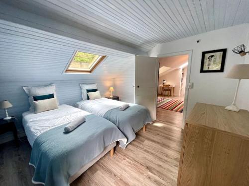 um quarto com 2 camas e uma clarabóia em Gite du Meunier, au bord du Cosson, 4 étoiles em Vineuil