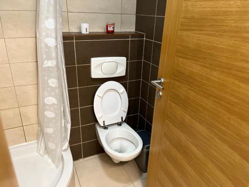 a bathroom with a toilet and a shower curtain at Apartman Mak in Mostar