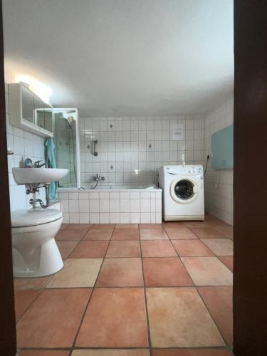 a bathroom with a washing machine and a sink at Wohnung mit 2 Schlafzimmern 4 Einzelbetten in Ilsede
