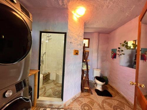 a bathroom with a shower and a toilet at Spacious Cloud Studio Mandango Vista in Loja