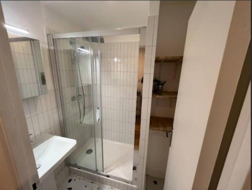 une salle de bain avec douche et lavabo dans l'établissement Appartement avec vue panoramique, à Saint-Denis