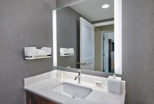 baño con lavabo y espejo grande en Residence Inn by Marriott Orlando at FLAMINGO CROSSINGS Town Center, en Orlando
