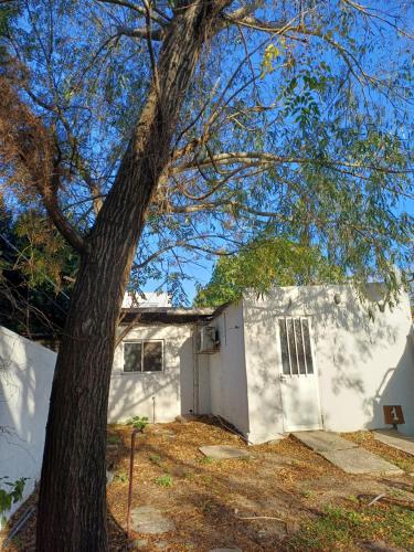 uma casa branca com uma árvore em frente em Pukará Lodge em Colónia do Sacramento