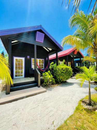 a black house on the beach with a palm tree at X'tan Ha- The Waterfront in San Pedro