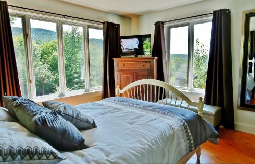 una camera da letto con un letto, finestre e una TV di Chalets Alpins - 38 Chemin des Skieurs a Stoneham