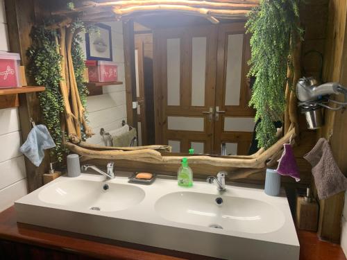 a bathroom sink in front of a large mirror at Les îlets caraïbes vue mer in Bouillante
