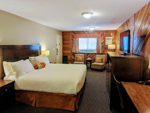 a hotel room with a bed and a television at Alpine Inn & Suites in Nelson