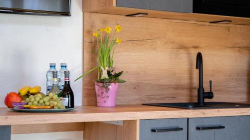 - un comptoir de cuisine avec une assiette de fruits et des bouteilles de vin dans l'établissement Eva Apartments - Nordkette, à Innsbruck