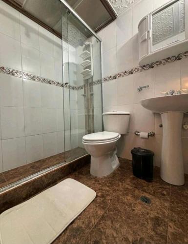 a bathroom with a toilet and a sink at Alojamiento para grupos in Bogotá