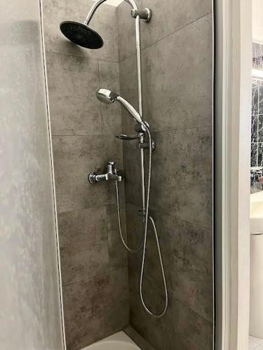 une douche avec pommeau de douche dans une salle de bain dans l'établissement Cosy apartment proche Paris et Disneyland, à Gagny