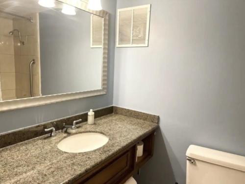 a bathroom with a sink and a mirror and a toilet at Kiteville Mt Laurel 