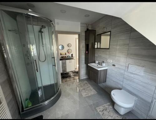 La salle de bains est pourvue d'une douche, de toilettes et d'un lavabo. dans l'établissement Zentrale Wohnung in Fulda 5 Minuten Stadtnähe, à Fulde