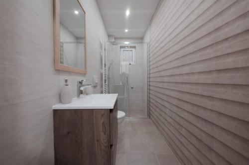 a bathroom with a sink and a toilet and a mirror at Apartments with a parking space Vrbovec, Prigorje - 22922 in Vrbovec