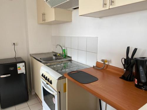 una pequeña cocina con encimera y fregadero en Apartamento completo Santiago cerca Movistar Arenas en Santiago