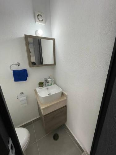 a bathroom with a sink and a toilet and a mirror at Increíble Casa con alberca y club de playa in Barra Vieja