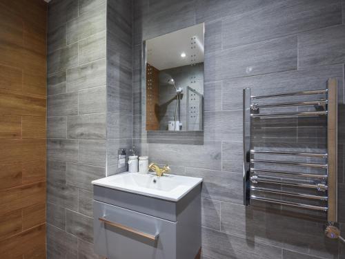 een badkamer met een wastafel en een spiegel bij Tay Views Apartment in Perth