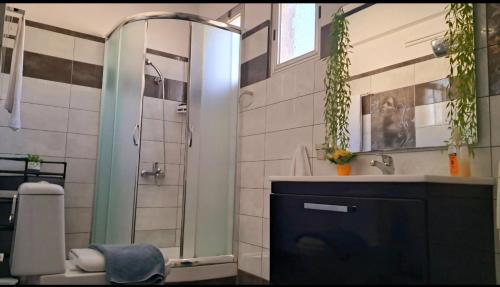 een badkamer met een douche, een wastafel en een spiegel bij Compass in Kavala