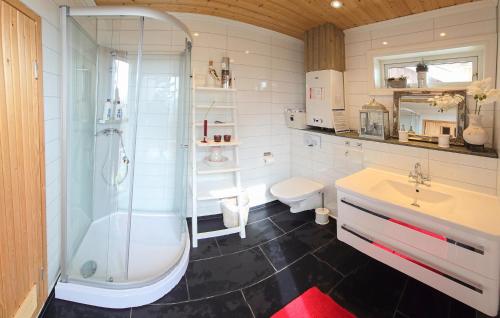 W łazience znajduje się prysznic, umywalka i toaleta. w obiekcie Beautiful Home In Oppdal With Kitchen w mieście Oppdal