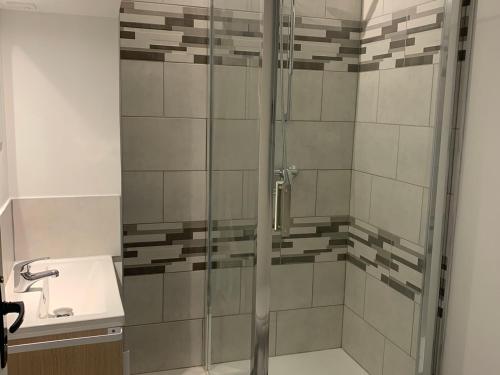 une douche avec une porte vitrée à côté d'un lavabo dans l'établissement Studio Front de Mer avec Terrasse et Accès Direct Plage à Merville-Franceville - FR-1-487-329, à Merville-Franceville-Plage
